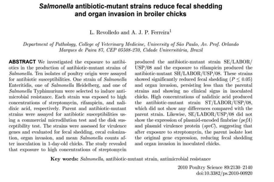 “Salmonella antibiotic-mutant strains reduce fecal shedding and organ invasion in broiler chicks”, artículo de la Dra Liliana Revolledo, publicado en Poultry Science