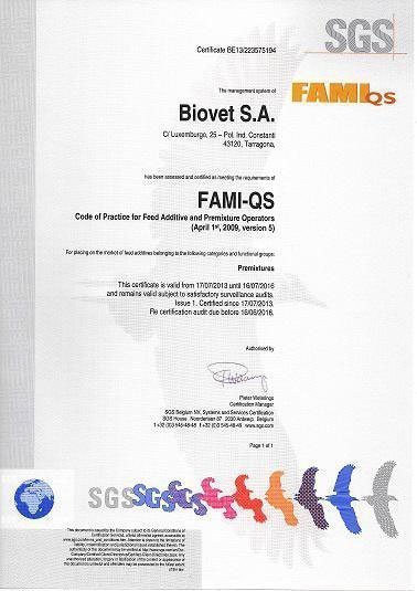 Fami-QS: Biovet, S.A. has achieved this certification of quality