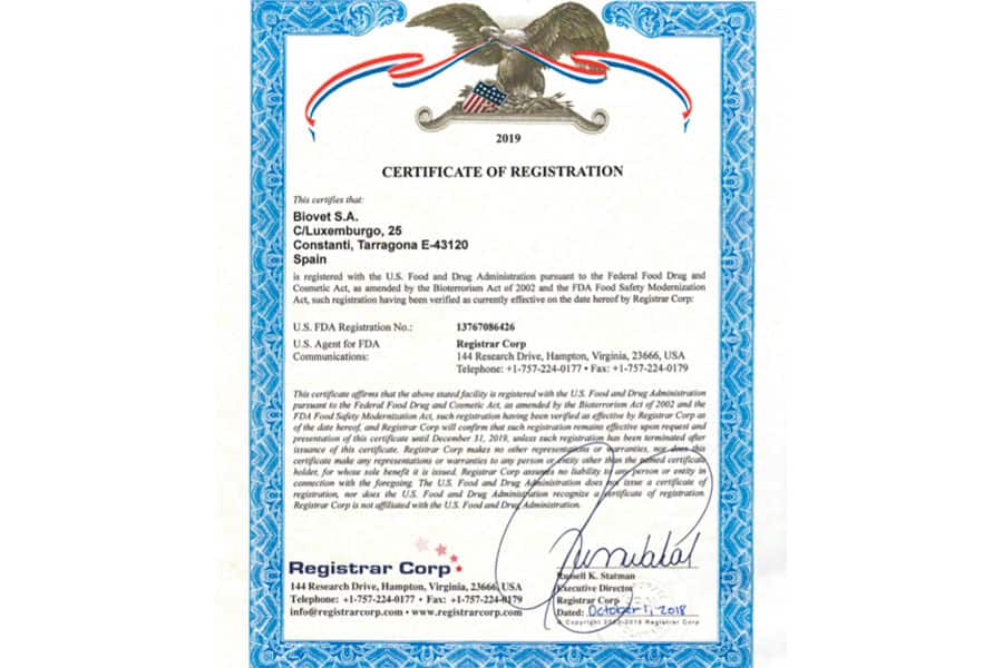 Biovet S.A. Laboratorios renueva el certificado de la “Food and Drug Administration”
