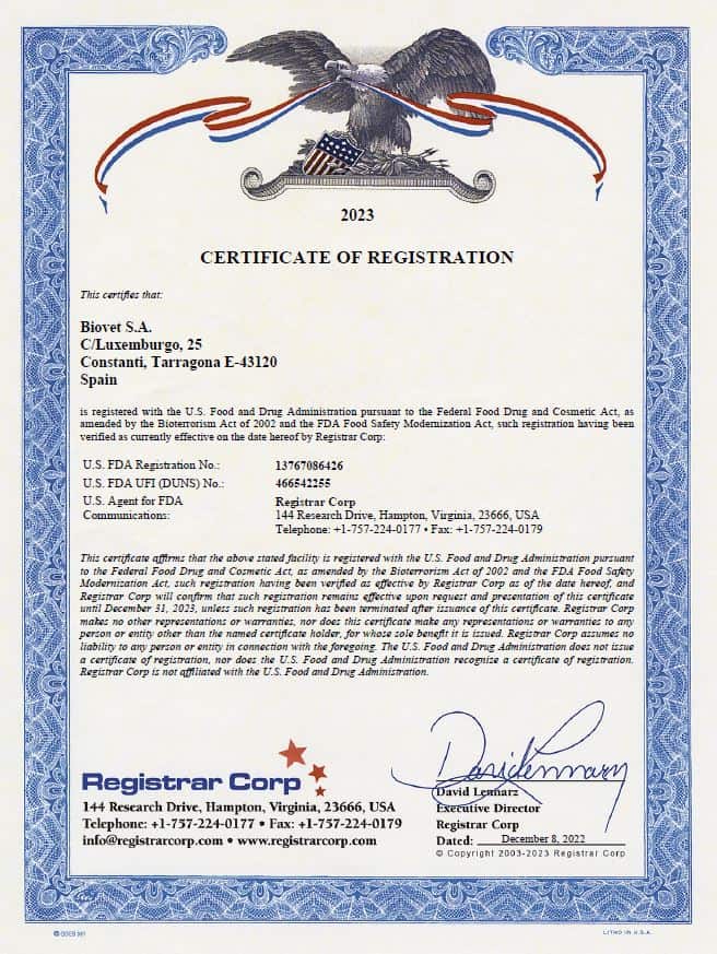 Biovet S.A. renueva el certificado Food and Drug Administration (FDA)